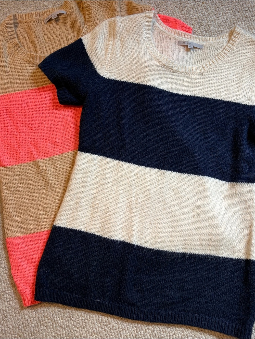 GAP Striped Short-Sleeve Sweater Tops- Navy, Cream & Tan with Coral Accent